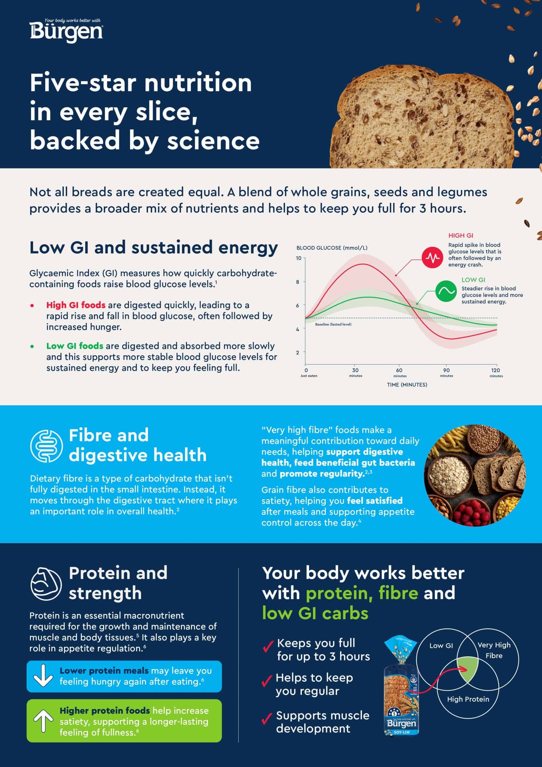 Bürgen bread product factsheet showing a nutrition comparison table across four loaf varieties (Soy-Lin, Rye, Wholemeal & Seeds, and Lower Carb), all with a 5 Health Star Rating. Features include Low GI, Very High Fibre, High Protein, and gut health benefits. Also includes two high-protein recipes: a Blueberry and Ricotta Breakfast Toast (14g fibre, 29g protein) and a Tunacado Sandwich (13g fibre, 44g protein). Available in major supermarkets nationwide excluding NT.