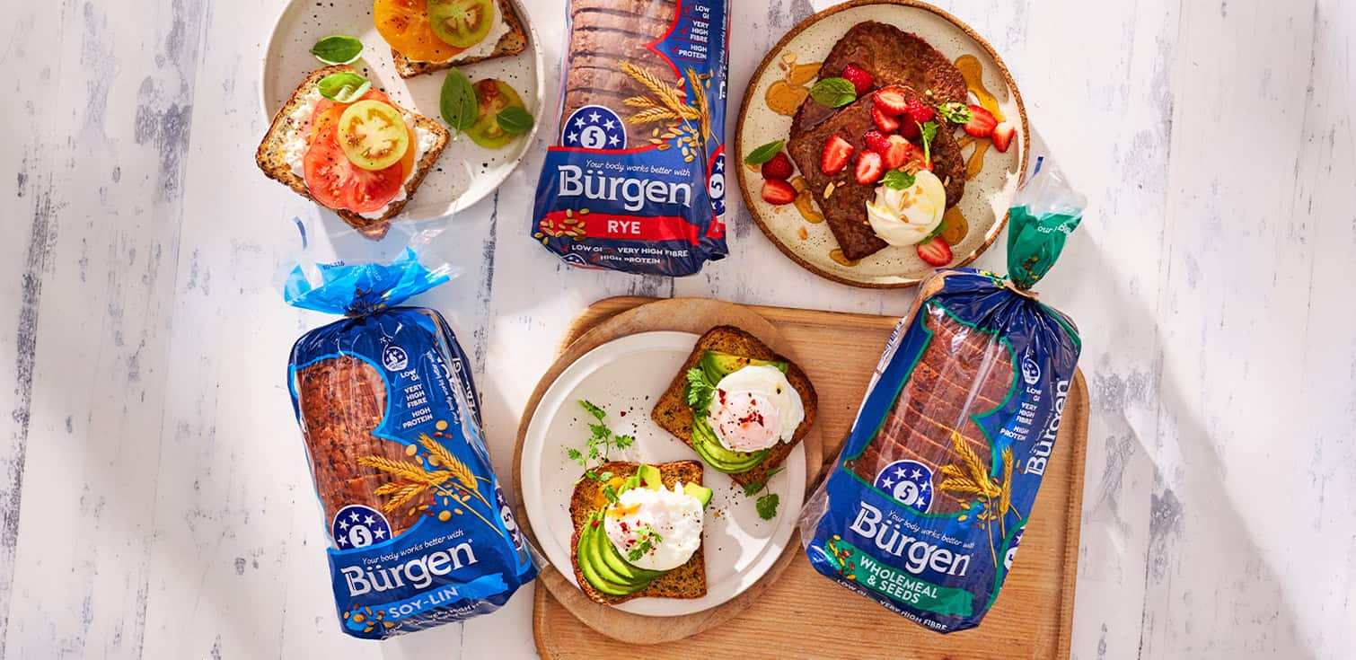 Burgen Soy-Lin, Rye, and Wholemeal and Seeds bread with breakfast toast toppings and fresh ingredients
